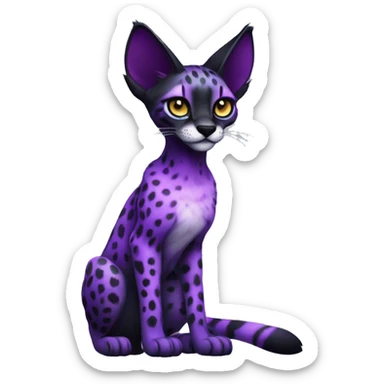 Epic Edgy Colorful Cool Cute Realistic Black and Purple ethereal Serval-Fionbri fursona with white belly full body sticker