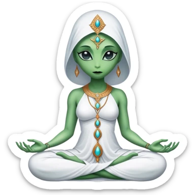 a Reptilian alien woman,in meditation, white dress like a priestess sticker