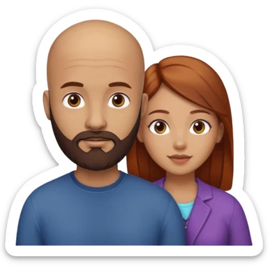 Couple. A bald man with dark brown beard and a girl with light skin. She is a redhead and has dark yellow brown auburn hair. Different skincolor. She has very light skin. sticker