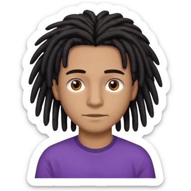 brown teen with black dreads in a middle part with brown eyes and a small faint mustache and purple shirt sticker