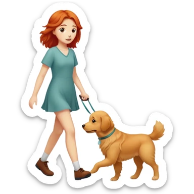 A red short-haired girl walking a golden retriever sticker