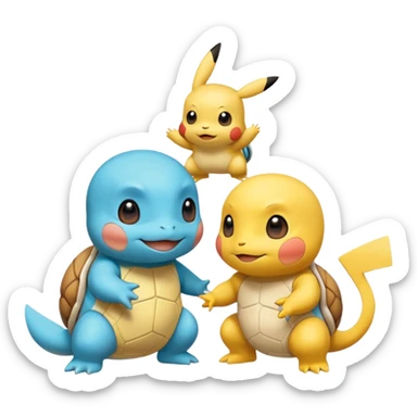  Pikachu has a light to share, but Squirtle has none. Pikachu sees this is unfair, so he shares the light with Squirtle. They smile and eat together. Show this as a cute Pokémon emoji scene about justice and fairness.

 sticker