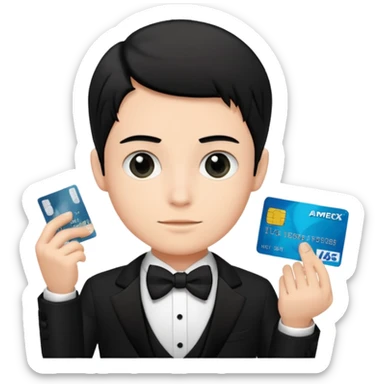 make a genmoji of a boy with a an amex card in hand and wearing a tux, black hair sticker