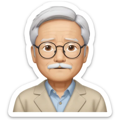 _cinematic-realistic-portrait-of-hayao-miyazaki,-depicted-with--large-rectangular-glasses,-his-happy-expression-rendered-in-lifelike-detail,-illuminated-with-soft,-realistic-lighting-that-emphasizes-his-creative-genius, his eyes shut   sticker