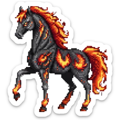 A red fire horse made of embers and magma, with visible lava flowing through its body, flames burning off its mane and tail, and ash particles surrounding it sticker