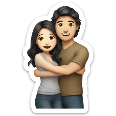 A cute and very happy Asian couple hugging each other very tight. The girl has long dark wavy hair and pale skin and dark hazel eyes, the Man has short dark straight hair and bright amber eyes and is pale sticker