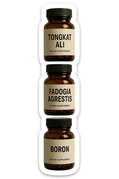 4 boccette di integratore: Tongkat Ali, Fadogia Agrestis, Boron e Zinco fluttuano in aria verticalmente sticker