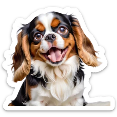 Cinematic Cute Yawning Tri-Colour Cavalier King Charles Spaniel Portrait Emoji, Head tilted slightly with a dramatic, wide-open yawn, soft tri-colour fur with balanced black, white, and tan markings, floppy ears slightly drooping, round brown eyes barely open in drowsy contentment, Simplified yet irresistibly adorable features, highly detailed, glowing with a soft, cozy glow, high shine, relaxed yet expressive, stylized with a touch of whimsy, bright and endearing, soft glowing outline, capturing the essence of a sleepy yet affectionate companion, so drowsy it feels like it could stretch right out of the screen and curl up for a nap! sticker