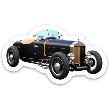 Batgirl’s black Bare bones (lowered bonneville cowl) drag racing modified (fenders removed) chopped streamlined sporty roadster that is a (stripped down) hot street rodded engine sports car 1932 Rolls Royce Woody futuristic  wide racing wheels that are held strong by advanced suspension and steering sticker