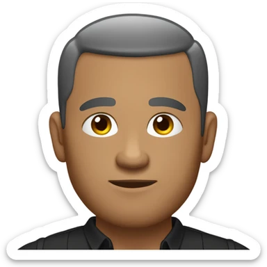 A middle-aged man with olive-toned skin with buzz cut hair and no facial hair. He is wearing a sleek black smart shirt, casually unbuttoned at the top. sticker