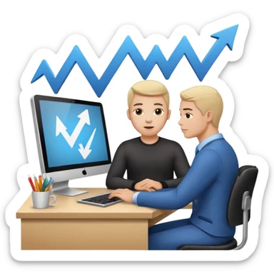 A person sitting at a desk working and looking at a computer with upward arrows and percentage signs, suggesting digital sales, marketing, or outreach. sticker