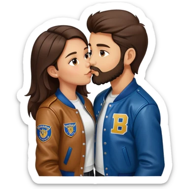A brunette girl with a letterman jacket kissing a brunette boy with a beard and leather jacket  sticker