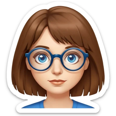 40 year old woman wearing round glasses, big blue eyes, long mid-brown hair and shaggy fringe sticker