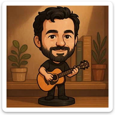 illustration of a musician playing guitar in bobblehead style sticker