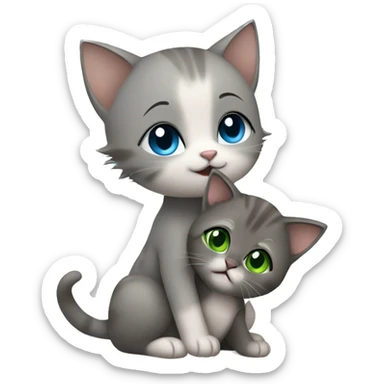 blue eyes grey kitten hugging brown short hair green eyes woman sticker