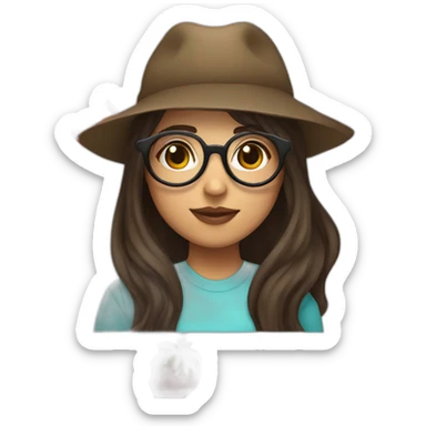 Brunette girl with circle glasses and mullet long hair and a strawberry hat sticker