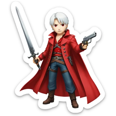 Dante from Devil May Cry with white hair, red coat, sword and pistols sticker