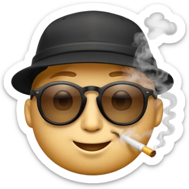 A high-res yellow face emoji with black sunglasses and a backwards black cap, smirking with half-lidded eyes and exhaling soft gray-white smoke, with detailed shading, glossy lenses, and realistic smoke wisps. sticker