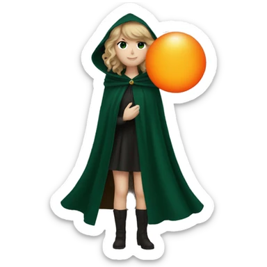 Taylor swift in dark green cloak holding an orange glowing orb sticker