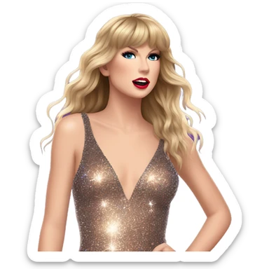 Taylor swift with long hair wearing a sparkly bodysuit singing at the eras tour sticker