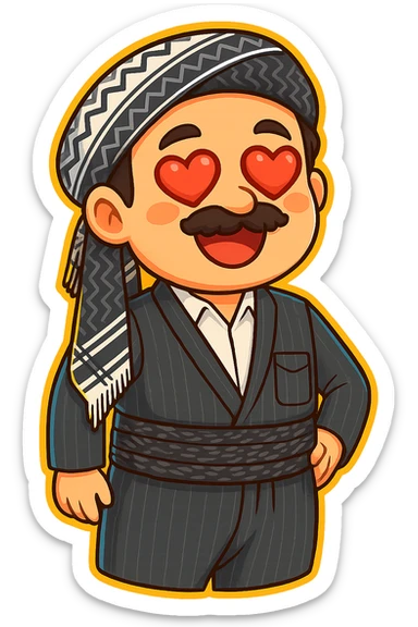 Create a colorful and cheerful cartoon sticker of a Kurdish man wearing the same clothes and scarf as the reference image, with no changes to the outfit or scarf. The face should have a romantic expression with heart-shaped eyes similar to the 😍 emoji. The sticker should have no text and be suitable for WhatsApp and Instagram usage. Background must be transparent. sticker