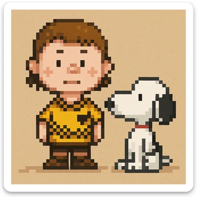 Add Snoopy next to Charlie Brown in pixel art style with a simple background. Use pixel art style as reference for the editor. sticker