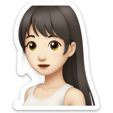 Asian girl dark brown long hair hime cut straight bangs brown eyes cute appearance pale skin long hair white laced tank top sticker