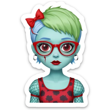 Ghoulia yelps monster high doll in scene/emo style cherry print dress with fishnet sleeves, clothes, thin, small, red, rectangle glasses, pale white-blue skin, pale-green pixie-cut, zombie scars sticker