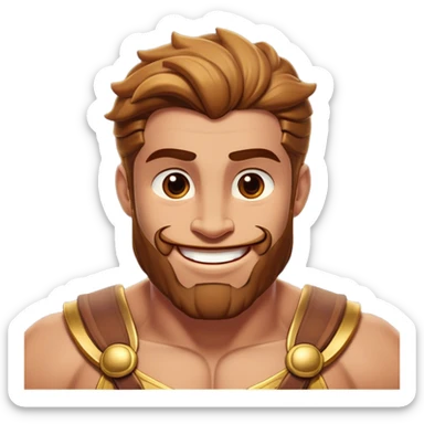 Cinematic Realistic Hercules Portrait, head tilted playfully and inquisitively, showcasing his formidable build softened by a warm, inviting smile. His eyes sparkle with a sense of mirth and determination, while his detailed attire and natural highlights capture the essence of a mighty hero with a friendly spirit. sticker