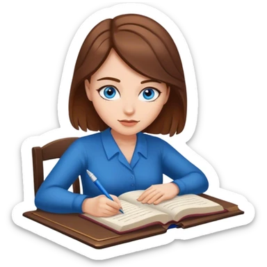 escritora mulher, romantica, de cabelos castanhos, pele clara e olhos azuis escrevendo um livro  sticker