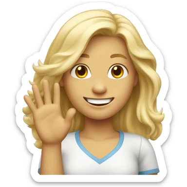 blonde longhair girl waving her hand and smiling with teeth sticker