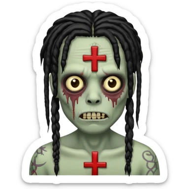 Zombie with black dreads with chinky eyes and a cross tattoo on right cheek sticker