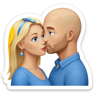 middle age bald man with scruff, blue eyes a.  Kissing blonde woman with blue eyes sticker
