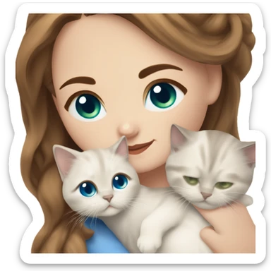 white woman with medium-length brown hair, green eyes and brown freckles on the face under the eyes, holding her sacre de birmanie kitten in her arms with much love, the baby cat has blue eyes, a lot of dark areas on ears and middle of the face. blue eyes sticker