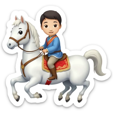A Chinese little boy is riding a cute white small horse, and the horse is running. The blanket on the saddle says ‘2026.’  (2026 MUST HAVE) 。 sticker