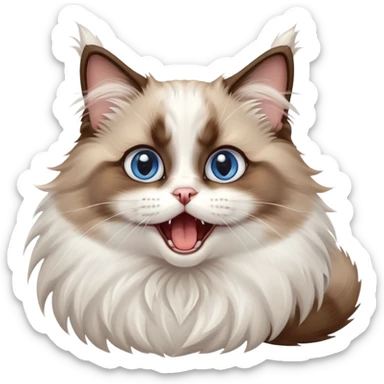 cinematic-adorable-big-eyed-fluffy-brown and white ragdoll-cat-portrait-emoji,-head-tilted-playfully-with-a-cute,-yawn,-soft-brown-and white-colored-fur-with-darker-points-on-the-ears,-simplified-yet-irresistibly-cute-features, sparkling blue eyes sticker