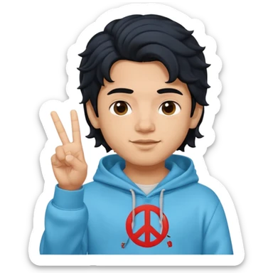 An indian boy in a light blue hoodie with wavy flow hairstyle showing peace sign, with black hair color, apple memoji style sticker
