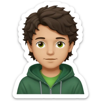 a 14 year old slightly tanned teenage boy with dark brown tousled wavy hair, dark brown eyes wearing a green tshirt, with a dark green hoodie overcoat. smirking sticker