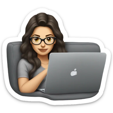 brunette girl laying on a grey couch with grey pillows with glasses on and a laptop on small table in front with coffee cup on mouse pad sticker