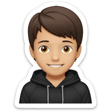 A brunette boy, short straight hair, light brown eyes, with a black sweatshirt with a hoodie, and smile without teeth  sticker