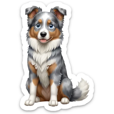 cinematic-[australian shepherd dog]-realistic-full-body-sitting-emoji,-tail-resting-loosely-beside-its-paws,-head-tilted-dramatically,-scruffy-[blue merle]-fur,-simplified-yet-realistic-focused-features,-highly-detailed,-glowing-with-an-almost-sarcastic-glow blue eyed sticker