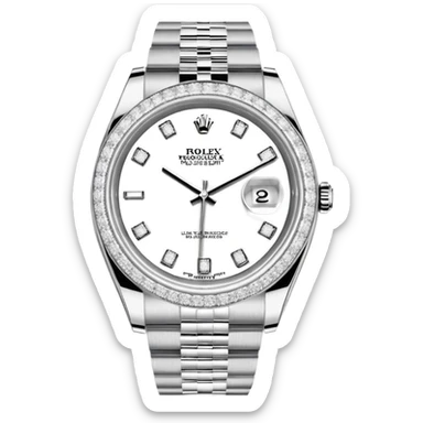 Crie um emoji com essas especificações: Um Rolex Datejust "Iced Out" prateado, totalmente coberto por diamantes na caixa, luneta e com diamantes na pulseira Jubilee. O mostrador possui fundo cravejado com diamantes (pavé), algarismos romanos pretos e lente de aumento na data. sticker