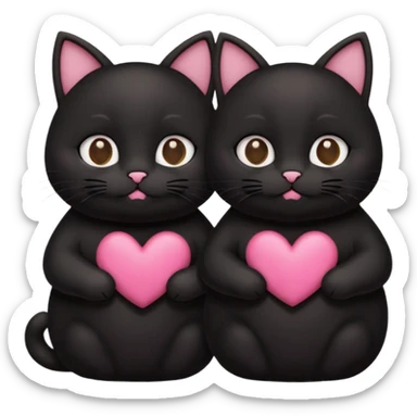 two fat cute black cats love, closed mouth, black ears, pink heart sticker