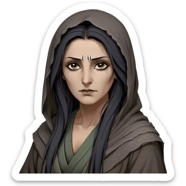 Mirri Maz Duur is a weathered, middle-aged Lhazareen woman with deep-set dark eyes, high cheekbones, and a sharp nose, giving her a stern, knowing expression. Her long, unkempt dark hair streaked with gray falls loosely over her shoulders, and her earth-toned, tattered robes mark her as a humble healer. Despite her frail appearance, she exudes an aura of mystery and menace, her hands stained with herbs and blood from both healing and dark sorcery. sticker