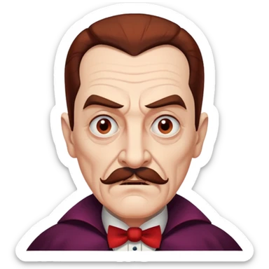 An elderly man with slicked-back reddish-brown hair, sharp brown eyes under heavy brows, and a white mustache, giving him a stern, Dracula-like appearance.  sticker