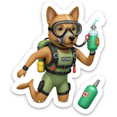dog wearing scuba green gear dive into the sea with diver mask and oxygen tank sticker