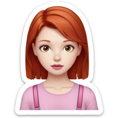 Redhead girl with deep brown eyes, pale skin with light red lips wearing a pink strap shirt sticker