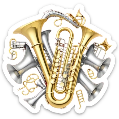Create a festive and elegant emoji collage featuring a bouquet or fan of bells of wind instrument  (trumpets, saxophones, trombones, tubes, etc.) arranged in a radiant, symmetrical pattern. The instruments should have polished, golden and silver finishes, with their large, shiny bells forming a beautiful, fan-like display. Include a flowing ribbon of musical notes swirling through the center, conveying movement and melody. The background should feature a deep red velvet texture, adding a touch of luxury and sophistication. The overall composition should be balanced, with an elegant and regal feel, with a transparent background to keep focus on the instruments and musical elements. sticker