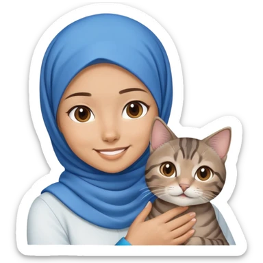 White asian Girl wearing blue hijab with white shirt smiling while holding a black brown grey tabby cat sticker