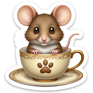 Cinematic 32k HD, Extremely detailed image of a mouse in a teacup, each hair, eye, and paw is shown in stunning detail as though captured in a timeless photograph, rich textures, visually rich, so lifelike that it feels like it could leap off the page at any moment sticker